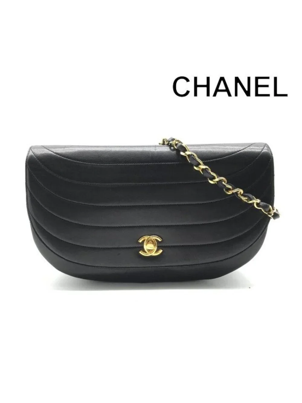 Chanel CC Logo Leather Half Moon Turnlock Chain Shoulder Bag Black